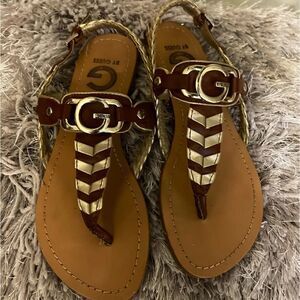 Guess gold brown braided thong sandals sz 6
